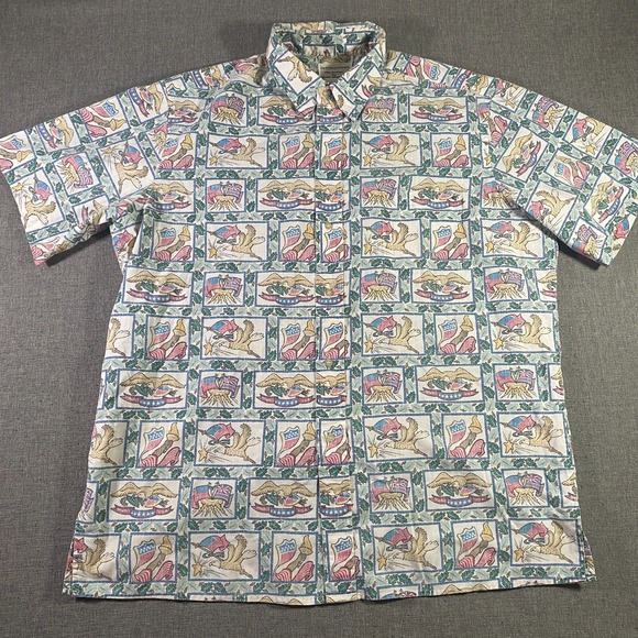 Reyn Spooner Dietrich Varez Hawaiian Shirt Mens Size 2XL Flag Eagle Britain USA